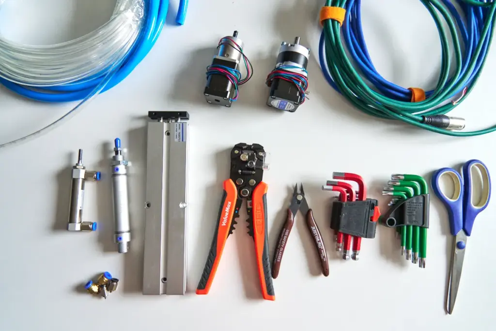 starter tabletop rig parts laid out on a workbench